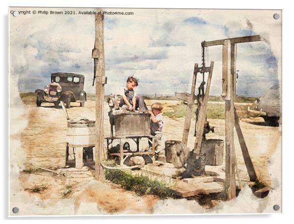 Children playing around old water pump in 1941 USA Acrylic by Philip Brown