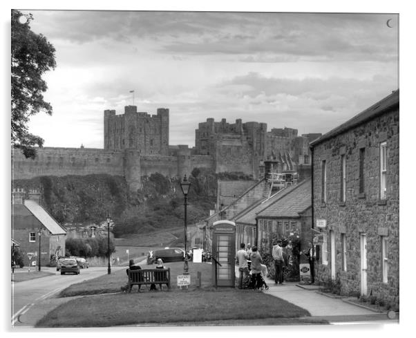 Bamburgh Village and Castle - Black & White Acrylic by Philip Brown