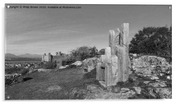 Harlech Castle Panorama, B&W Acrylic by Philip Brown