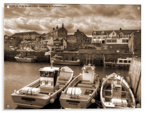 Seahouses Harbour and Boats, Northumberland, Sepia Acrylic by Philip Brown