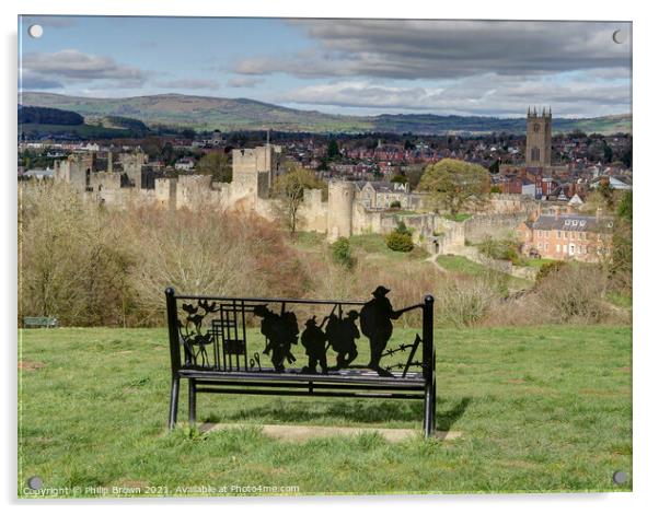 Overlooking The lovely town of Ludlow in Shropshire through a World war 1 monument bench - Landscape Acrylic by Philip Brown