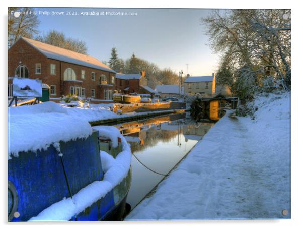 Narrowboat on Canal, in Winters Snow  Acrylic by Philip Brown