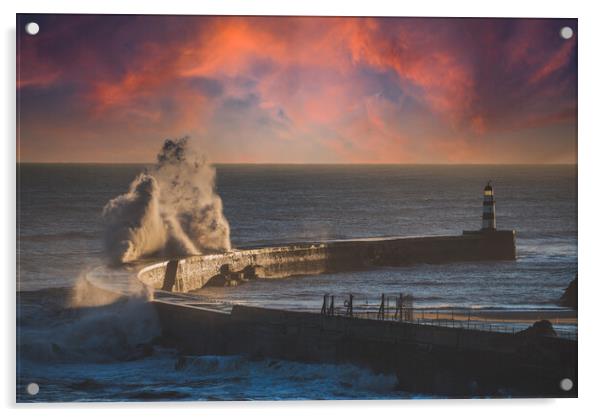 Seaham Pier &amp;amp;amp; Waves Acrylic by Duncan Loraine