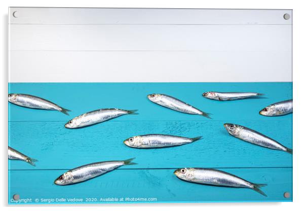 Sardines on a blue table Acrylic by Sergio Delle Vedove