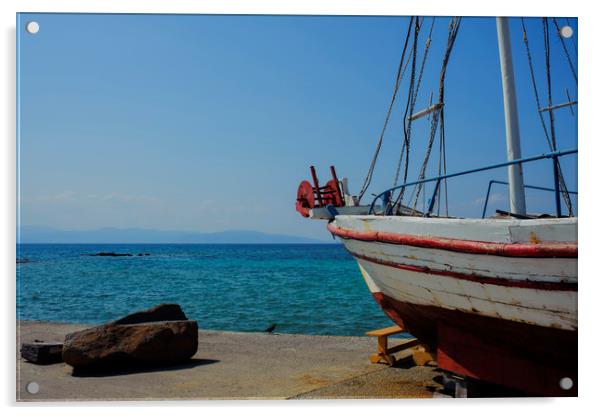 Old Fishing Boat in Aegina Harbour Acrylic by Cassi Moghan