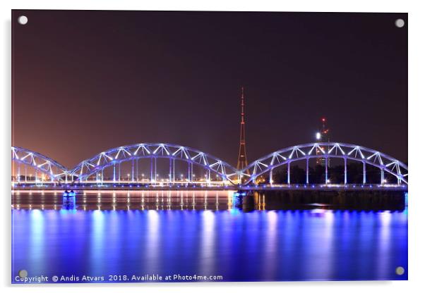Railway Bridge and TV tower Riga, Latvia Acrylic by Andis Atvars