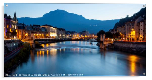 Grenoble at dusk with the river Isere, France Acrylic by Florent Lacroute