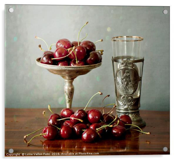 Still life, red cherries on a silver plate and an  Acrylic by Luisa Vallon Fumi