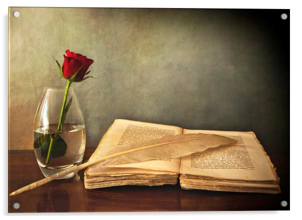 Desk in chiaroscuro with book single red rose and  Acrylic by Luisa Vallon Fumi