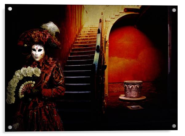 Venice carnival, Venetian mask with fan in front a Acrylic by Luisa Vallon Fumi