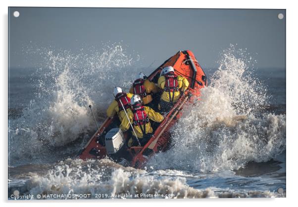 To the rescue - an RNLI inshore lifeboat launches  Acrylic by WATCHANDSHOOT 