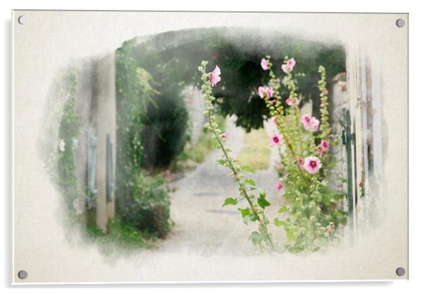 small alley with hollyhock in watercolor Acrylic by youri Mahieu