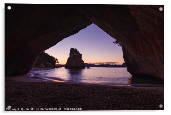 Cathedral Cove at sunset. New Zealand Acrylic by JIA HE