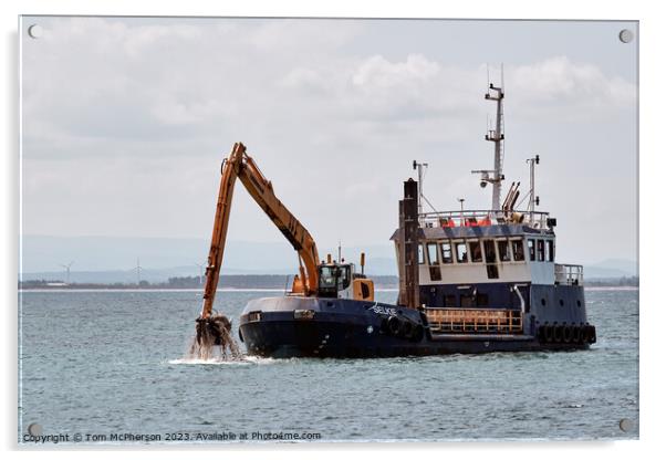 Dredger Selkie at work Burghead Acrylic by Tom McPherson