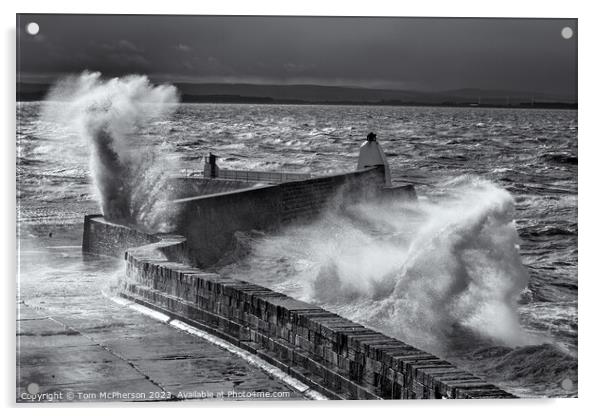 Black and white image of powerful Sea storm at Burghead Acrylic by Tom McPherson
