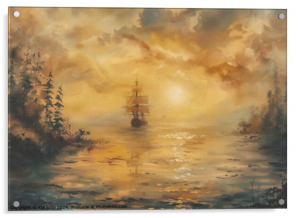 Galleon at sunset Acrylic by Kia lydia