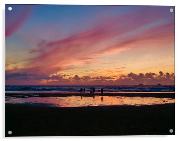Sunset at Treyarnon Bay Beach, Cornwall Acrylic by Nathalie Hales