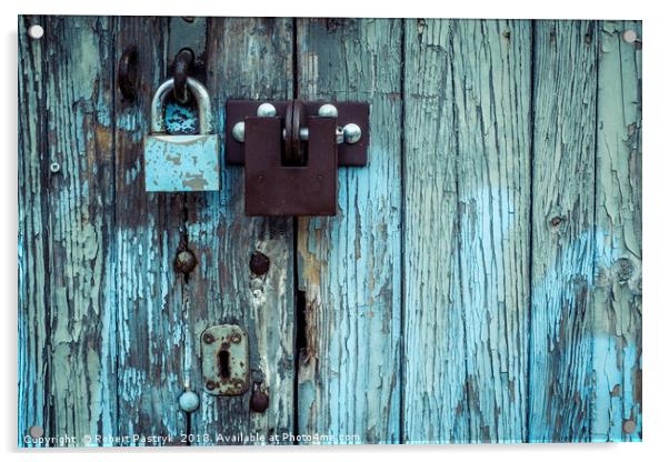 Two locks on old wooden garage door, peeling paint Acrylic by Robert Pastryk