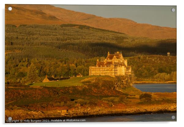 Duart Castle Isle of Mull scotland west coast as the sun is rising,  Acrylic by Holly Burgess