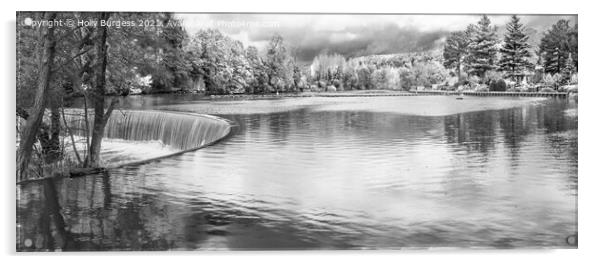 Derwent Vally Mills water fall, Belper, Black and white Acrylic by Holly Burgess