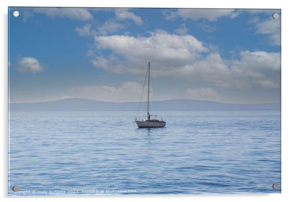 One lonely yacht on the carm sea of Split, a town in Crosia, mountions in the back ground  Acrylic by Holly Burgess