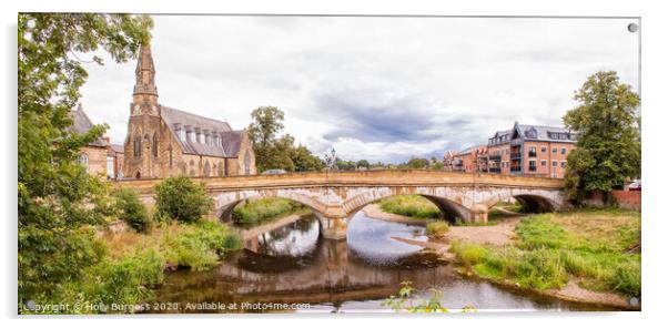 Morpeth St Georges reform church, over looking Wansbeck river and Telford Bridge  Acrylic by Holly Burgess