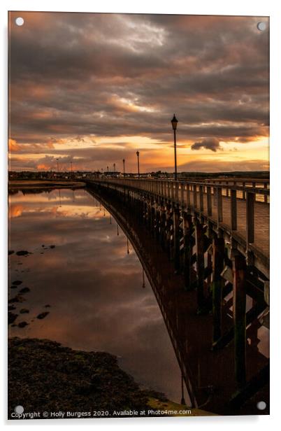 Amble by the sea Pier at night sunset  Acrylic by Holly Burgess
