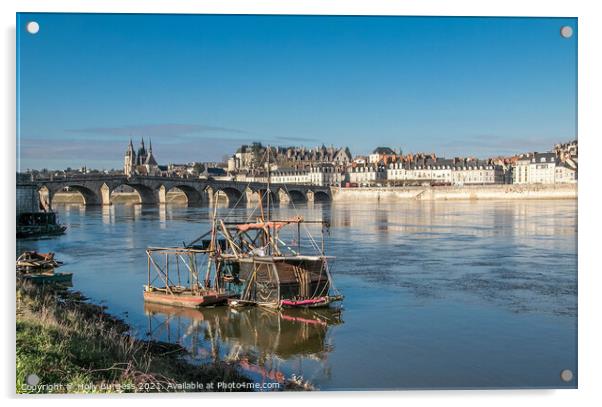 Blois France the Chat area of France, small boat on the river Loire Acrylic by Holly Burgess