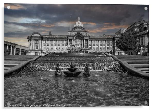 Birmingham Town hall, created in Black and white giving the sky colour  Acrylic by Holly Burgess