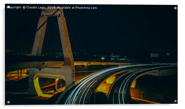 Cable-stayed bridge by night at Malpensa Airport Acrylic by Claudio Lepri