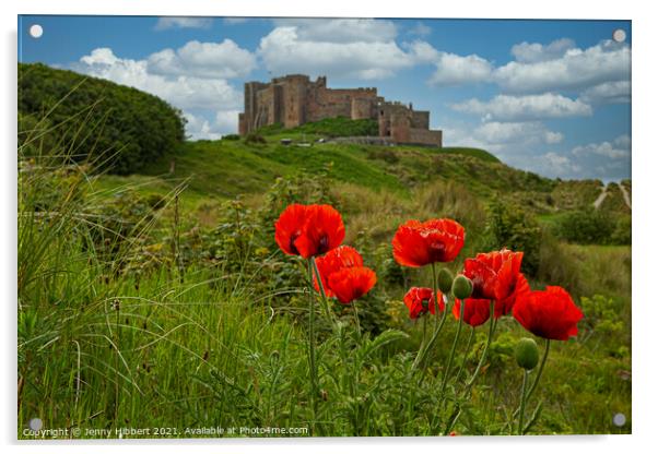 Bamburgh castle in the summer with the poppies Acrylic by Jenny Hibbert