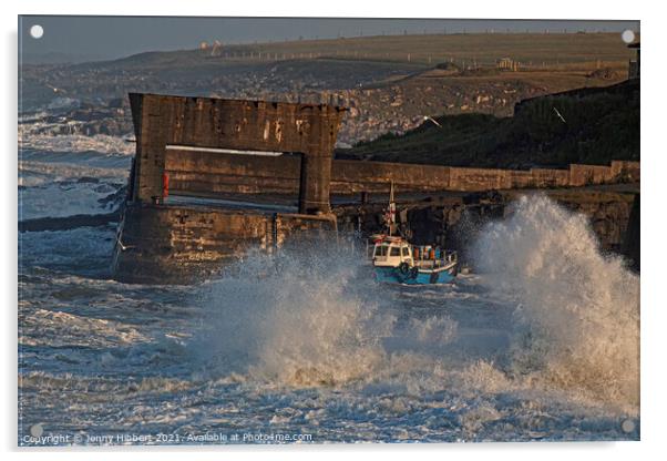 Stormy evening at Craster harbour Northumberland Acrylic by Jenny Hibbert