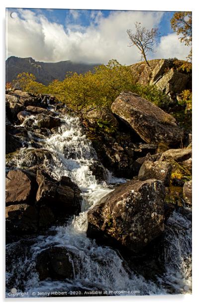 Waterfall rushing down at Cwm Idwal  Acrylic by Jenny Hibbert