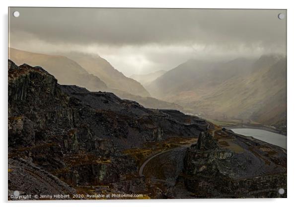 Looking down at Dinorwic Slate Quarry on a misty m Acrylic by Jenny Hibbert