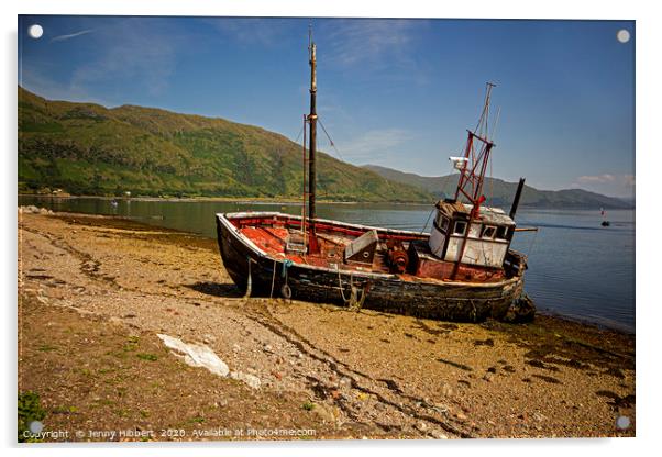 Old boat abandoned in Ardgour Loch Linnhe Western  Acrylic by Jenny Hibbert