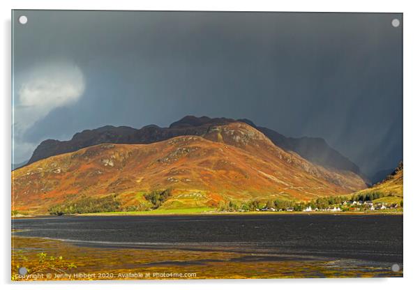 Overlooking Dornie with stormy light Acrylic by Jenny Hibbert