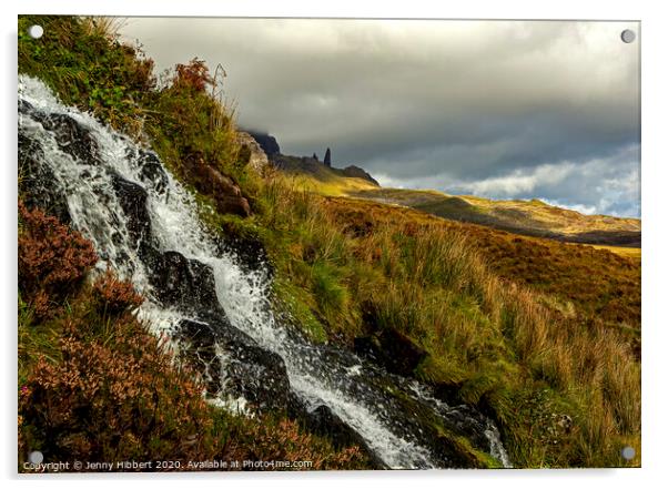 Bride's Veil Falls with Old Man of Storr Acrylic by Jenny Hibbert