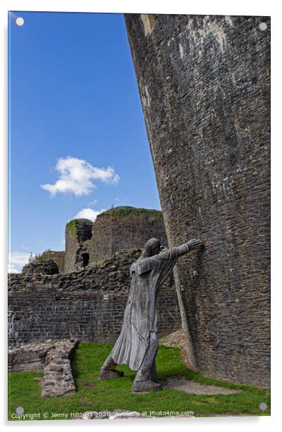 Marquess trying to hold up leaning tower of Caerphilly Castle Acrylic by Jenny Hibbert