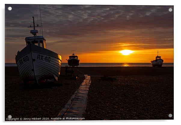 Three old boats on Dungeness beach as dawn rises Acrylic by Jenny Hibbert