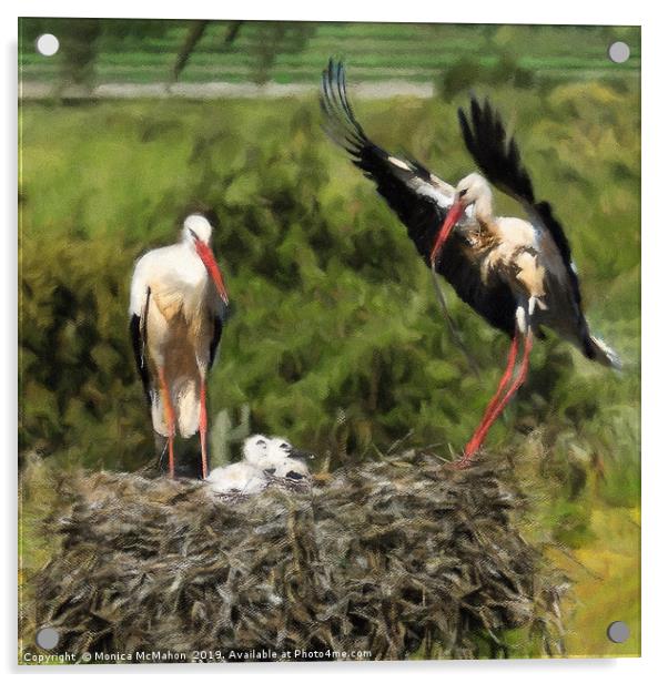 Storks waiting for food on their nest. Acrylic by Monica McMahon