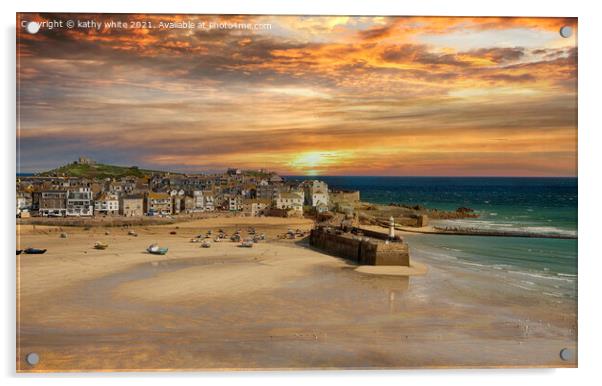 Majestic Sunset at St Ives Harbour Acrylic by kathy white