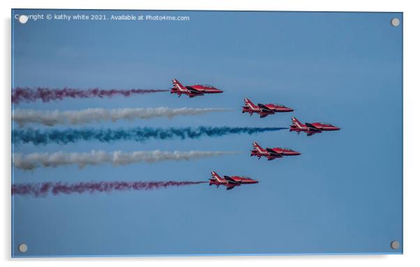Red arrows in a cornish sky,smoke trails,  Acrylic by kathy white