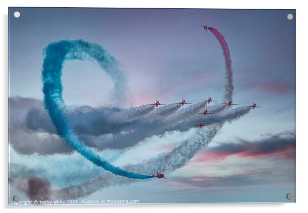 Red arrows, in a cornish sky,smoke trails,  Acrylic by kathy white