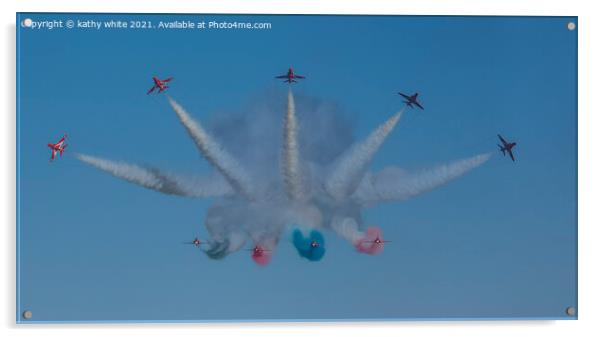 Red arrows in a cornish sky,smoke trails,  Acrylic by kathy white