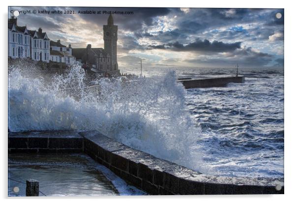 Porthleven storm  Cornwall Clock tower Acrylic by kathy white