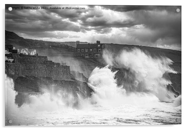 Porthleven Harbour Cornwall storm force Acrylic by kathy white