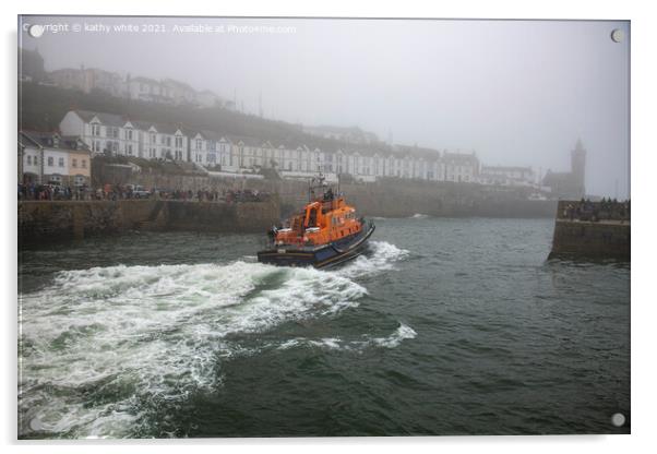 RNLI Porthleven lifeboat misty day Acrylic by kathy white