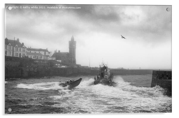 Porthleven Harbour Cornwall,lifeboat day,black and Acrylic by kathy white