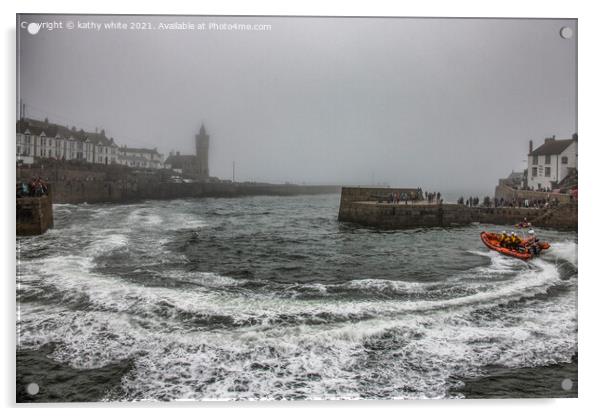 RNLI Porthleven lifeboat misty day Acrylic by kathy white