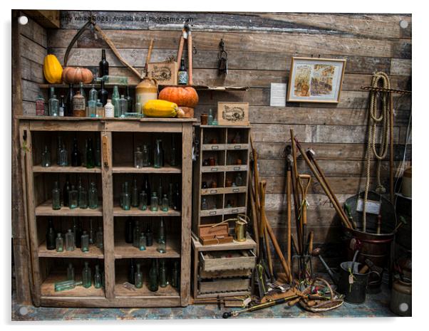 old bottles, garden shed,garden tools Acrylic by kathy white
